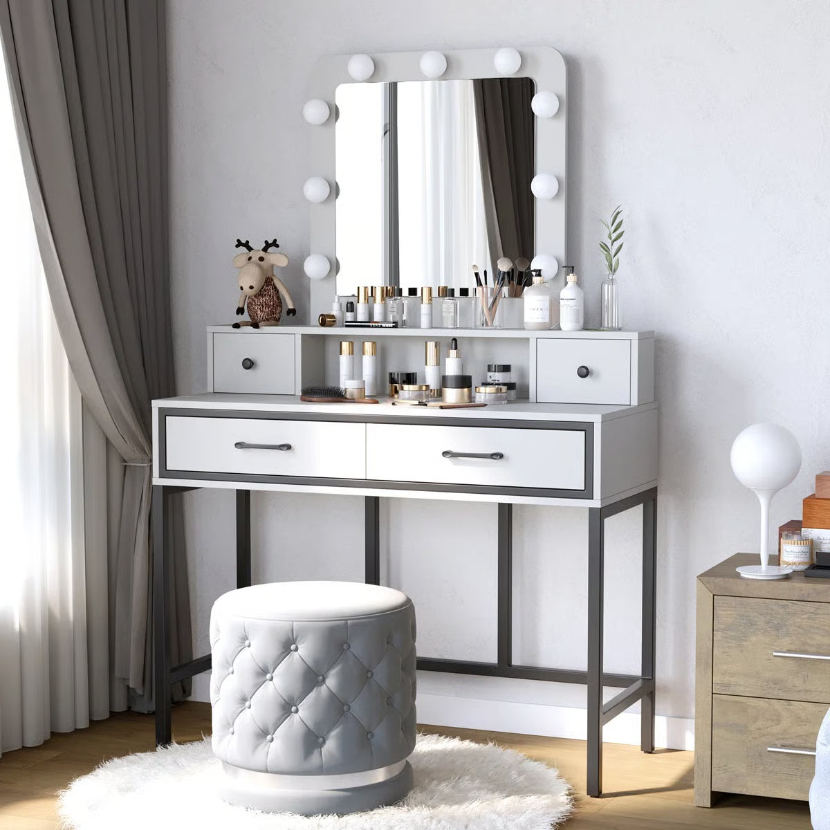 Abdulaleem Lighted Makeup Vanity Table with Storage Drawers