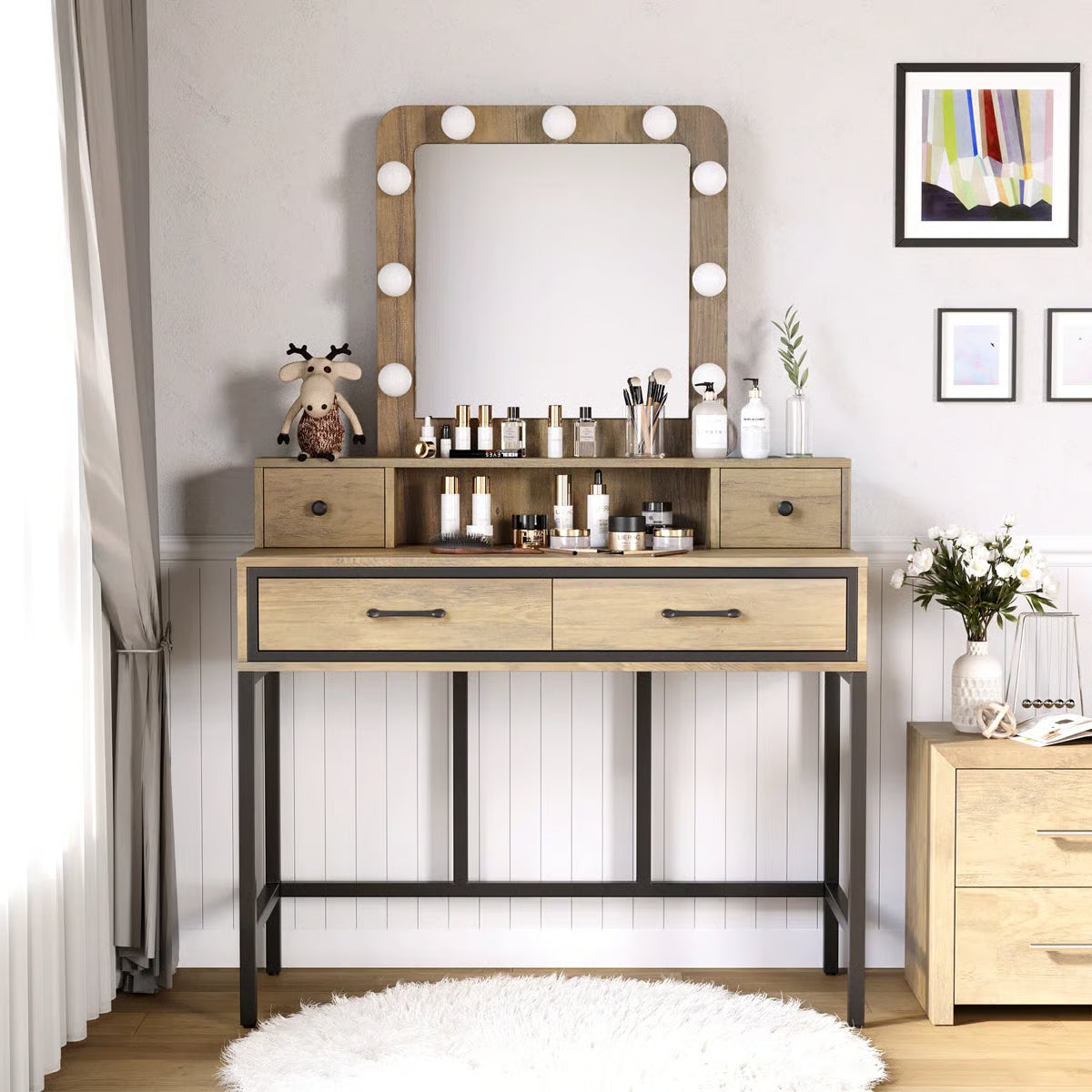 Abdulaleem Lighted Makeup Vanity Table with Storage Drawers-OUCH CART |Dressing table