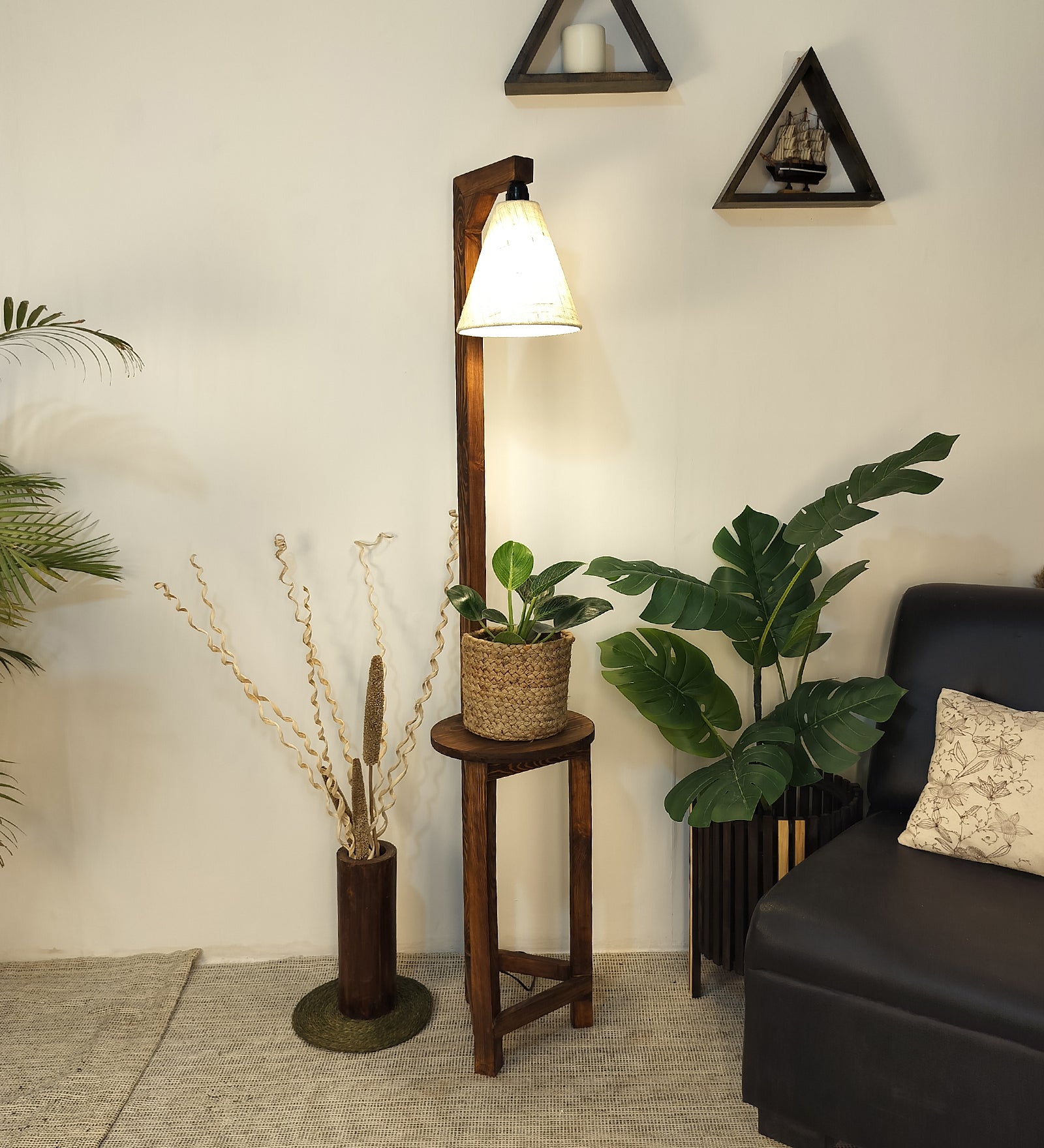Accent Wooden Floor Lamp with Brown Base and Beige Fabric Lampshade (BULB NOT INCLUDED)