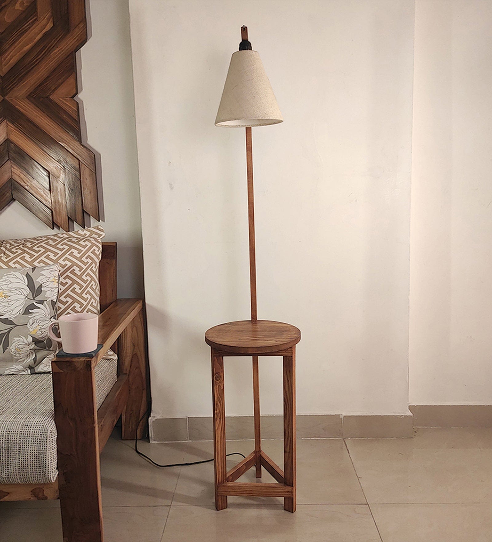 Accent Wooden Floor Lamp with Brown Base and Beige Fabric Lampshade (BULB NOT INCLUDED)
