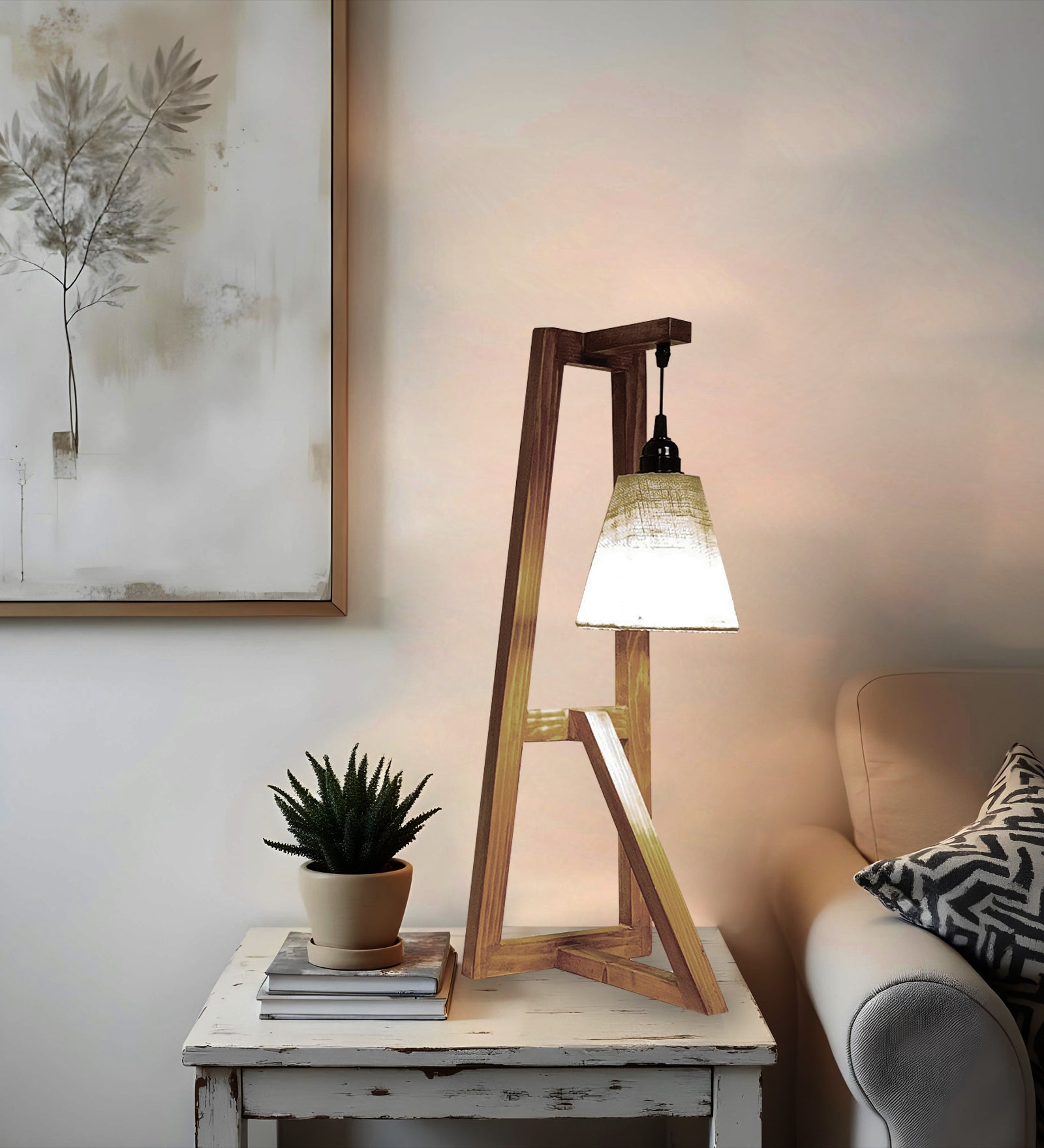 Achille Brown Wooden Table Lamp with White Jute Lampshade (BULB NOT INCLUDED)