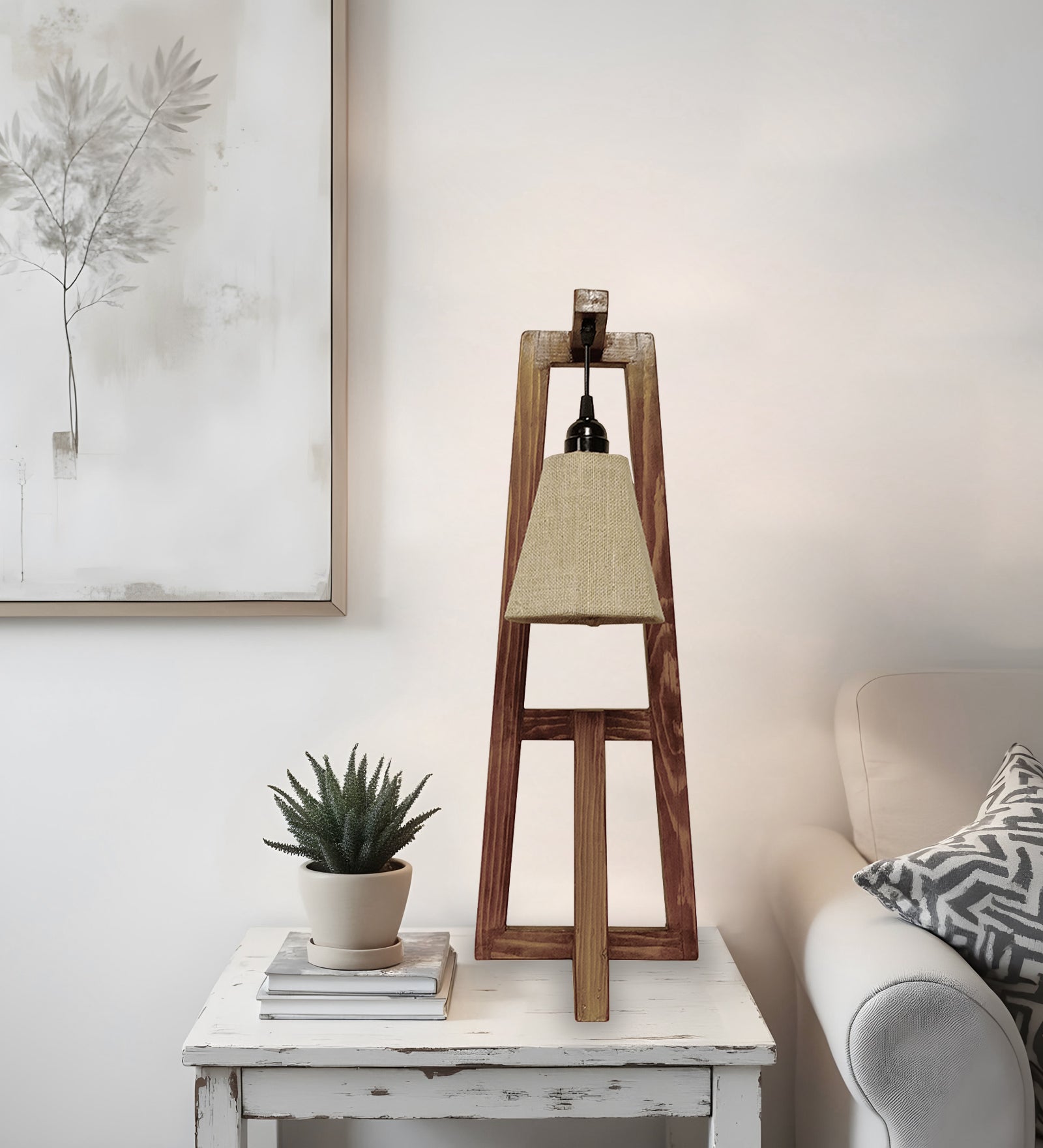 Achille Brown Wooden Table Lamp with White Jute Lampshade (BULB NOT INCLUDED)