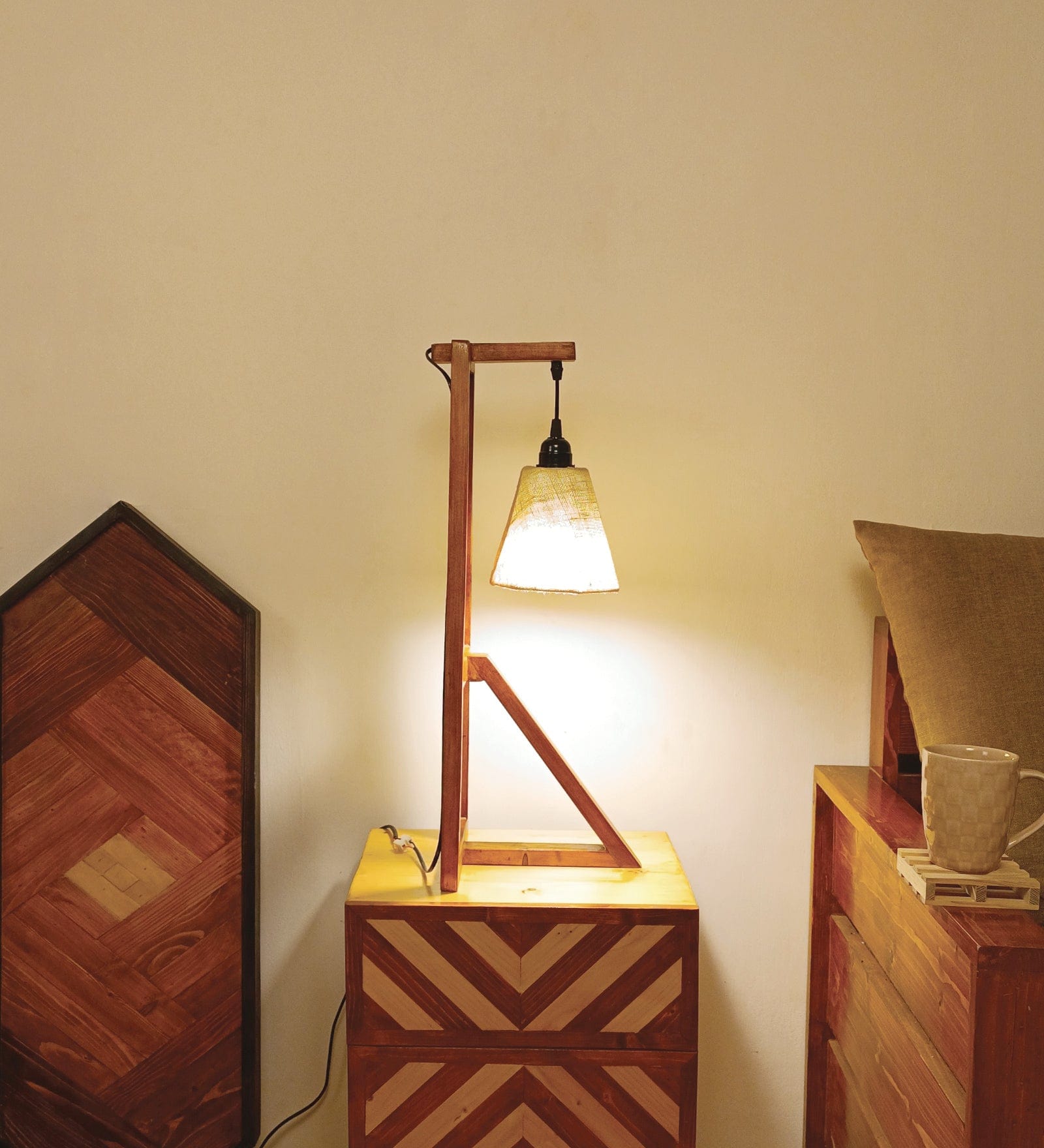 Achille Brown Wooden Table Lamp with White Jute Lampshade (BULB NOT INCLUDED)
