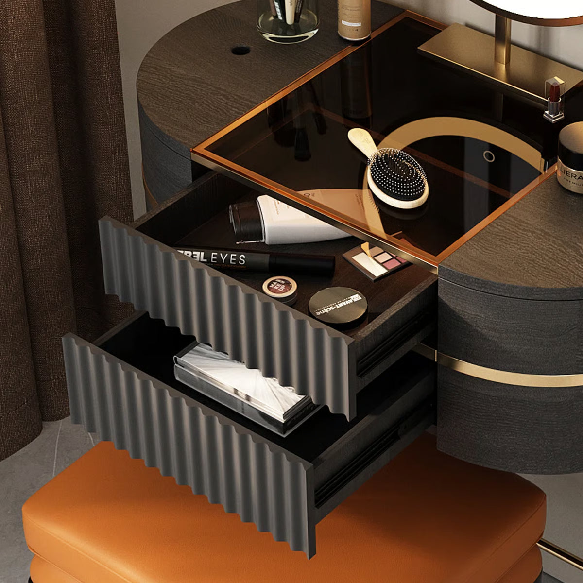 Adaisia Glass Top Makeup Vanity Set with Comfortable Stool High Quality and Easy Assembly