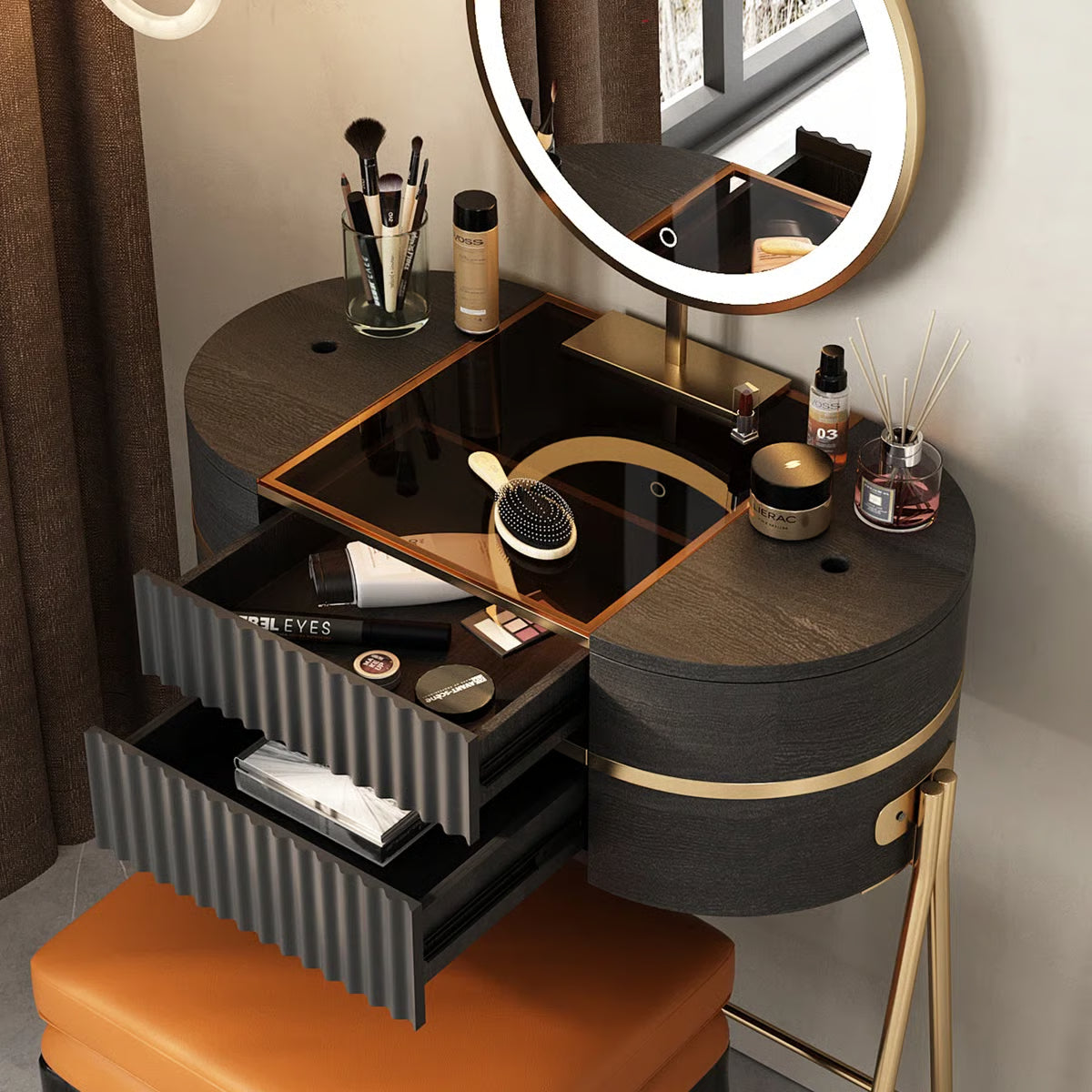 Adaisia Glass Top Makeup Vanity Set with Comfortable Stool High Quality and Easy Assembly