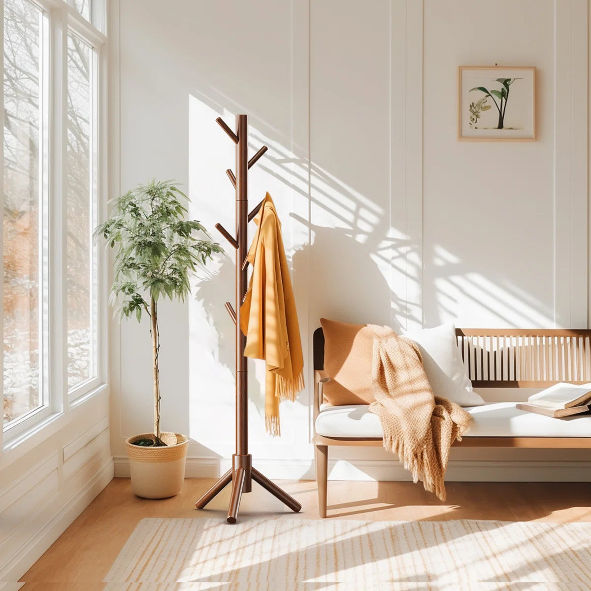 Hook Freestanding Adjustable Solid Wood Coat Rack for Bedroom, Closet, Entrance