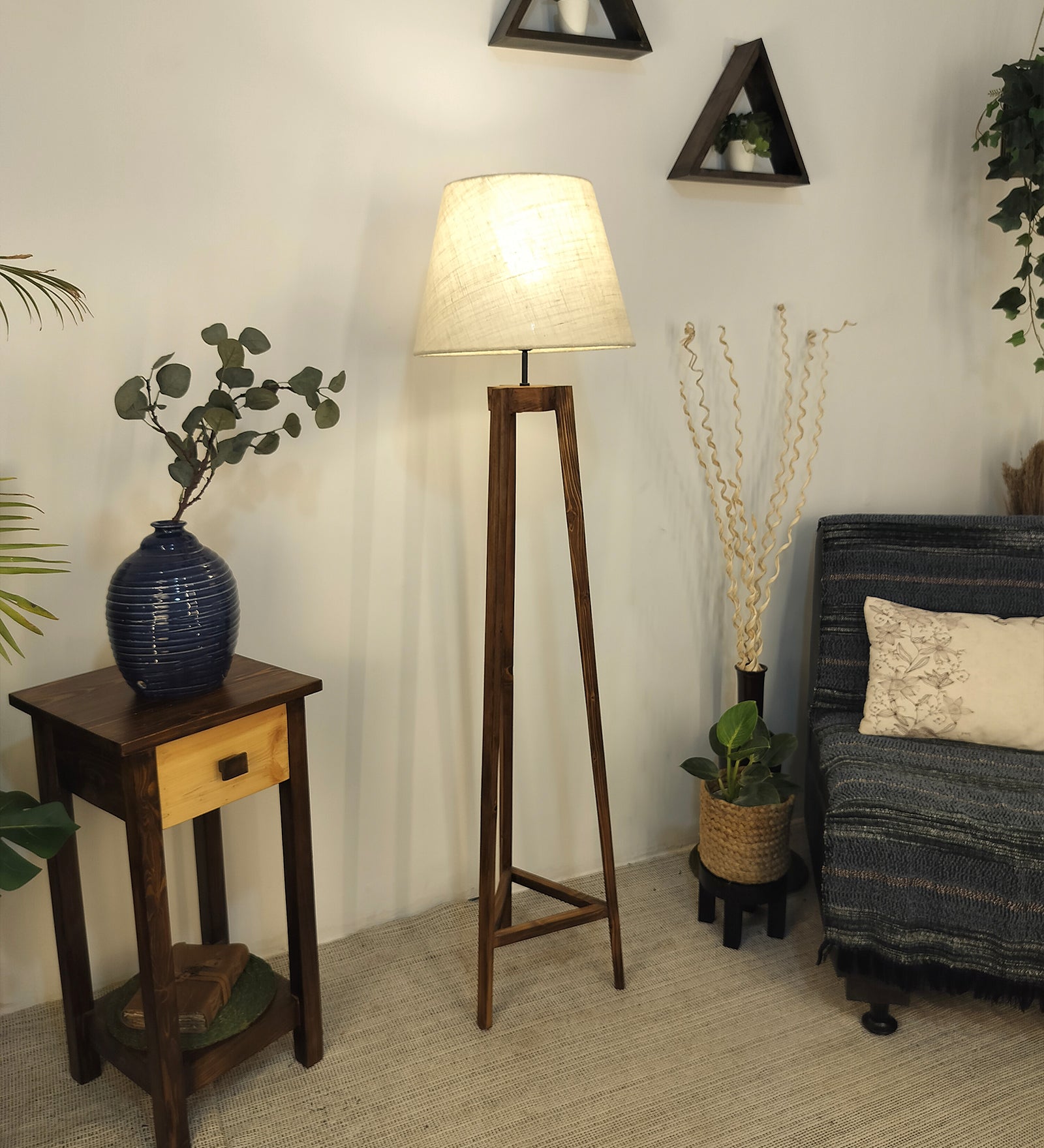 Adrienne Wooden Floor Lamp with Brown Base and Premium Beige Fabric Lampshade (BULB NOT INCLUDED)