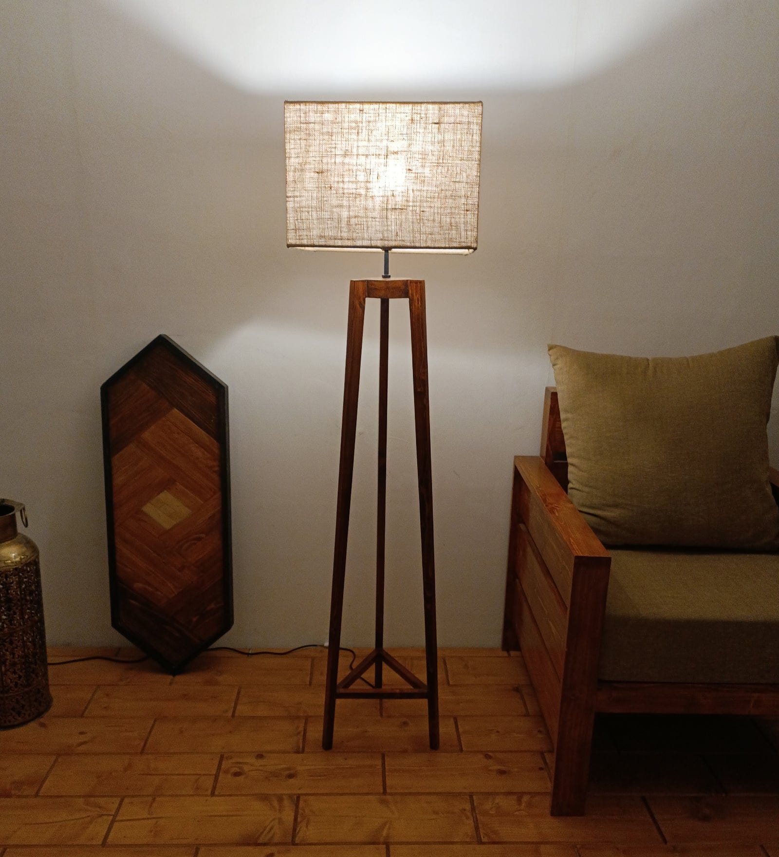 Adrienne Wooden Floor Lamp with Brown Base and Premium Beige Fabric Lampshade (BULB NOT INCLUDED)