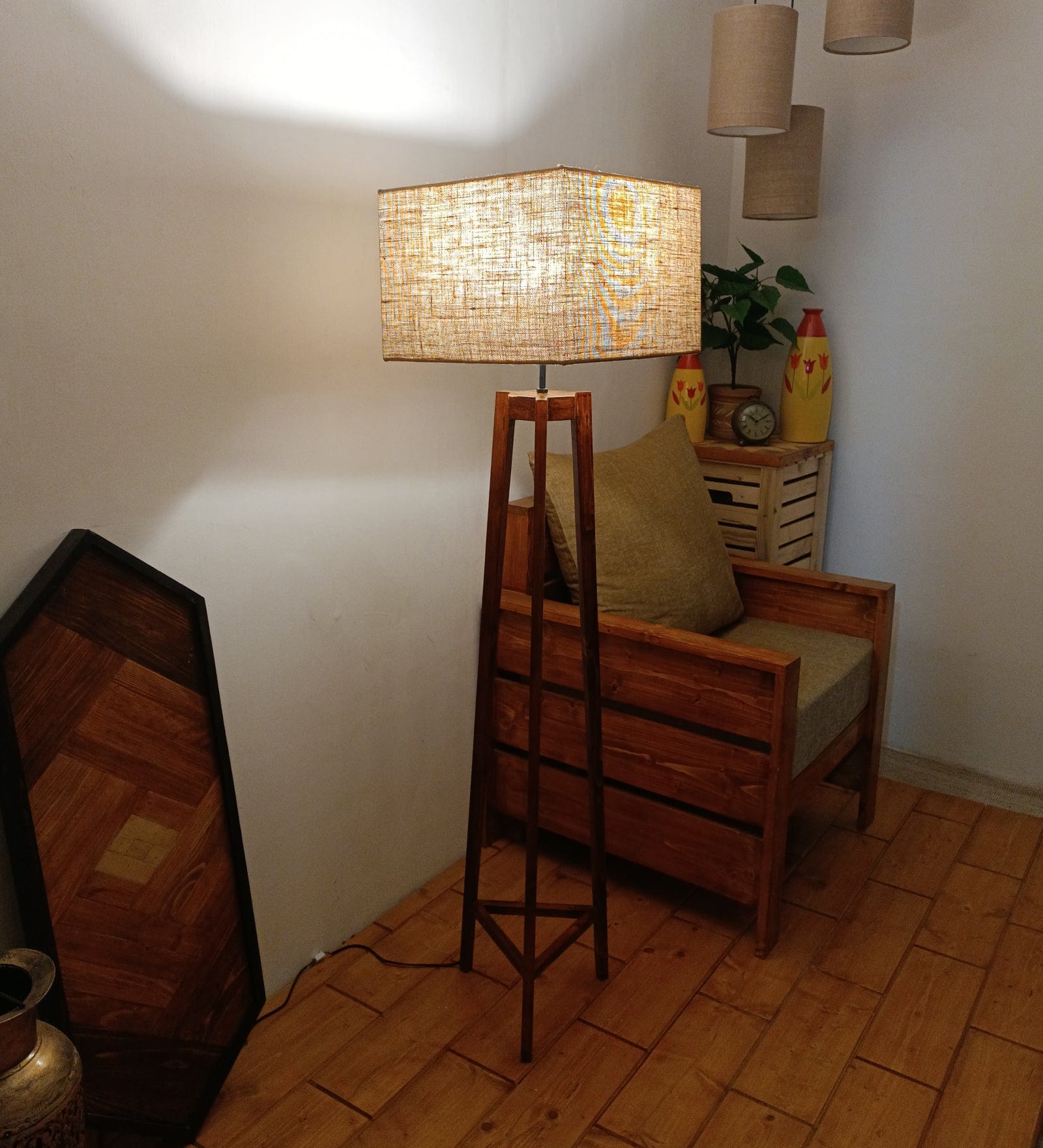 Adrienne Wooden Floor Lamp with Brown Base and Premium Beige Fabric Lampshade (BULB NOT INCLUDED)