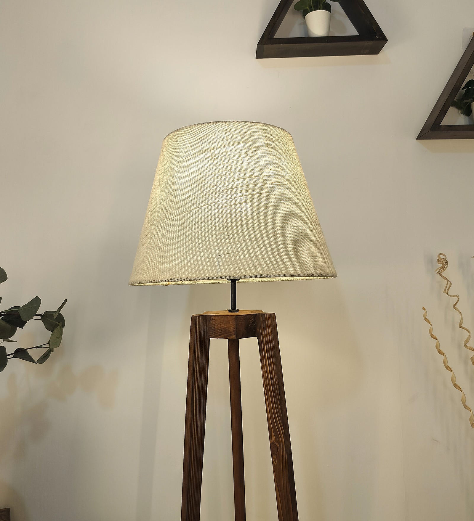 Adrienne Wooden Floor Lamp with Brown Base and Premium Beige Fabric Lampshade (BULB NOT INCLUDED)