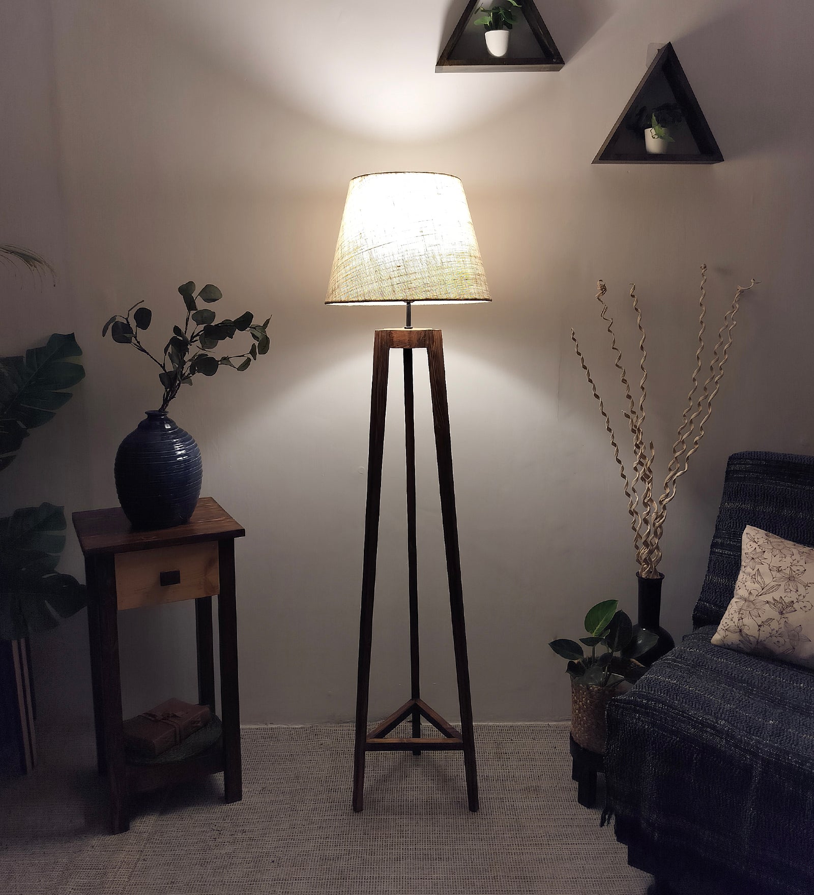 Adrienne Wooden Floor Lamp with Brown Base and Premium Beige Fabric Lampshade (BULB NOT INCLUDED)