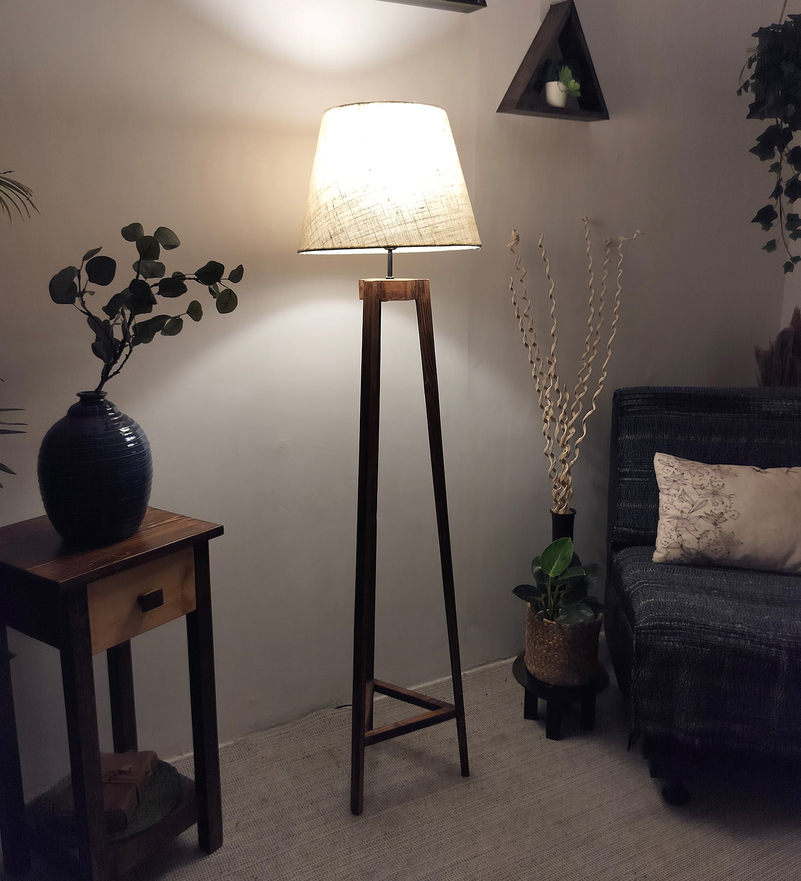 Adrienne Wooden Floor Lamp with Brown Base and Premium Beige Fabric Lampshade (BULB NOT INCLUDED)