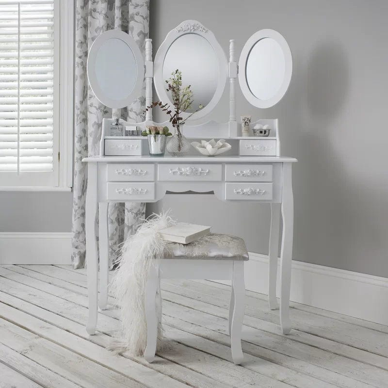 GAOMON Vanity Desk with Mirror, Wood Makeup Dressing Table with Oval Mirror & Stool, Modern Bedroom Dressing Table with 7 Large Drawers for Kids Women Girls,White