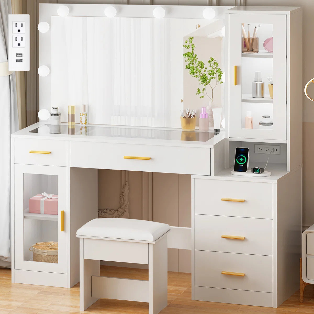 Adriel Large 49.2" Makeup Vanity Table with Stool, Adjustable LED Mirror Lights, and USB Charging Port-OUCH CART | Dressing table 