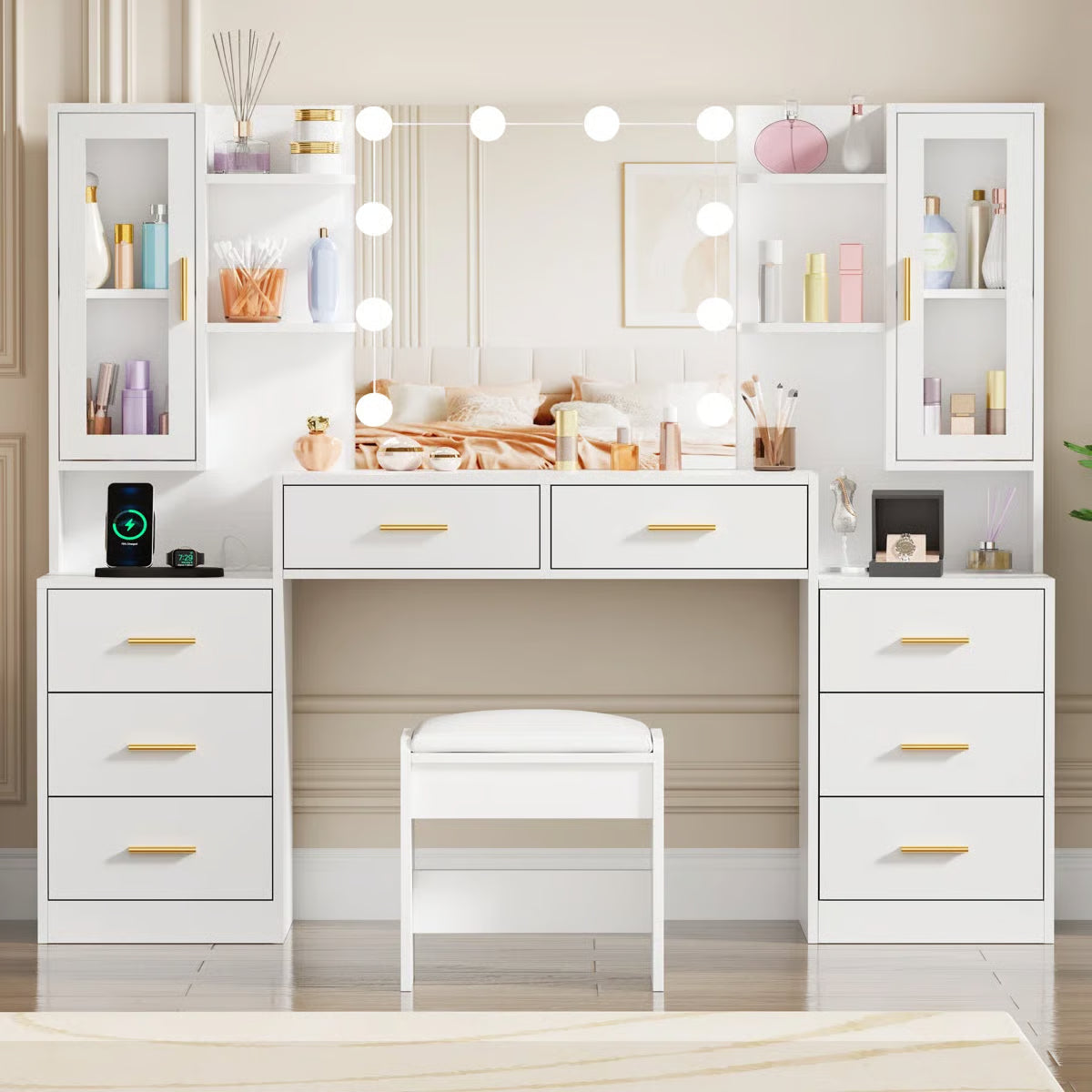 Adriel Large 59.1" Vanity Desk with Lighted Mirror, Storage Drawers, Cabinets, and Charging Station
