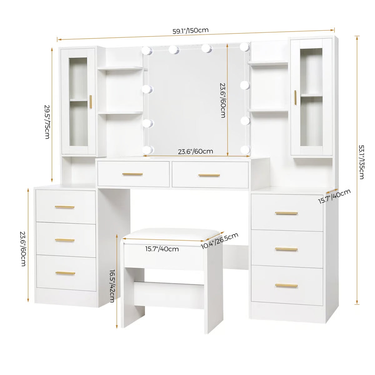 Adriel Large 59.1" Vanity Desk with Lighted Mirror, Storage Drawers, Cabinets, and Charging Station