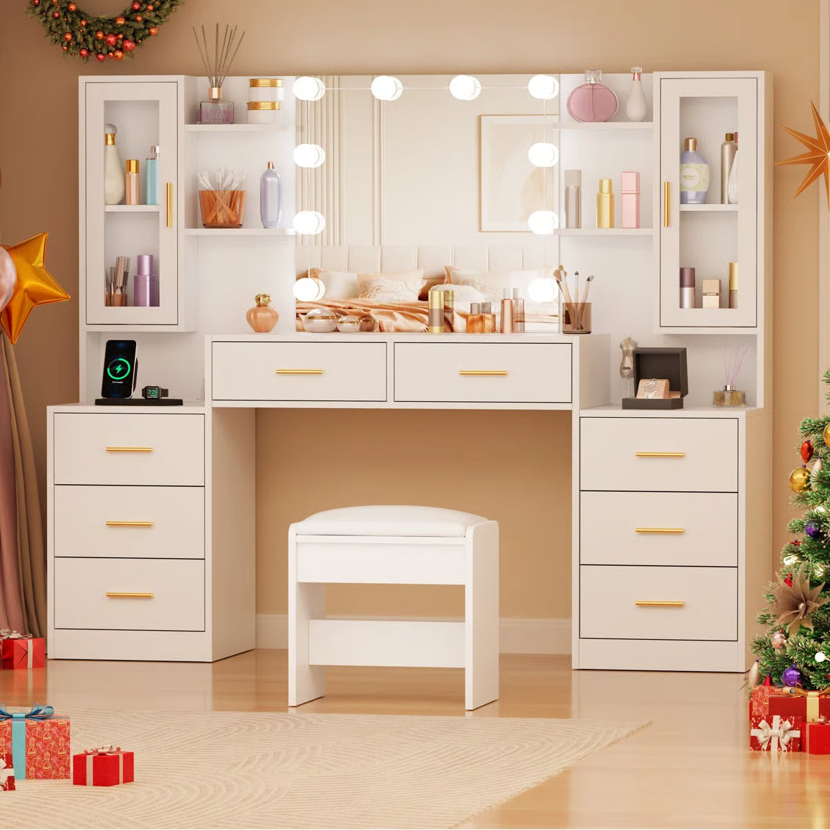 Adriel Large 59.1" Vanity Desk with Lighted Mirror, Storage Drawers, Cabinets, and Charging Station