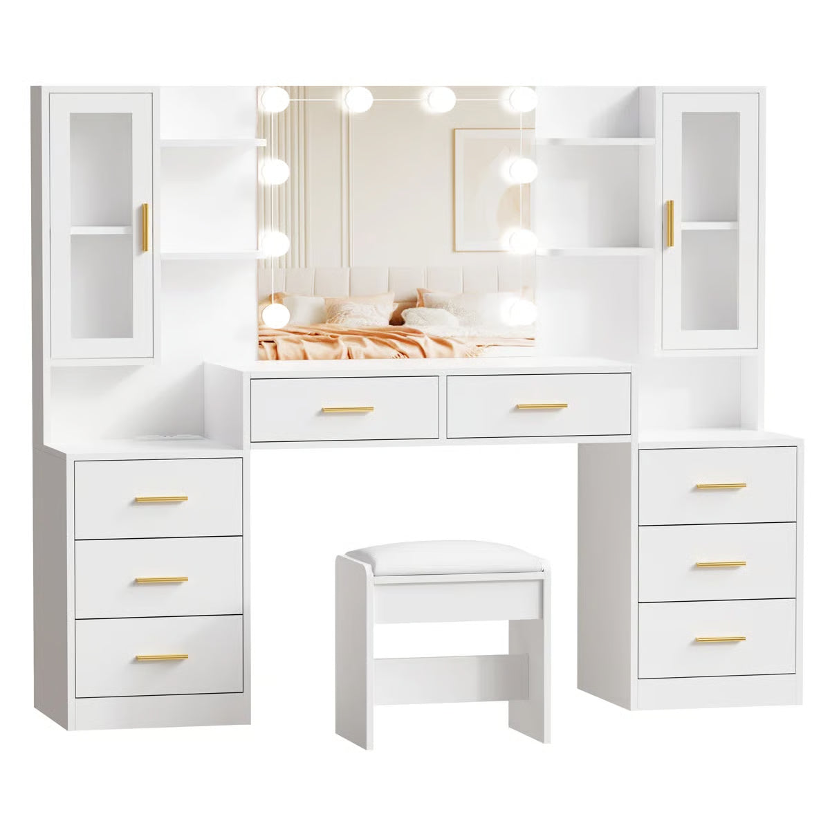 Adriel Large 59.1" Vanity Desk with Lighted Mirror, Storage Drawers, Cabinets, and Charging Station