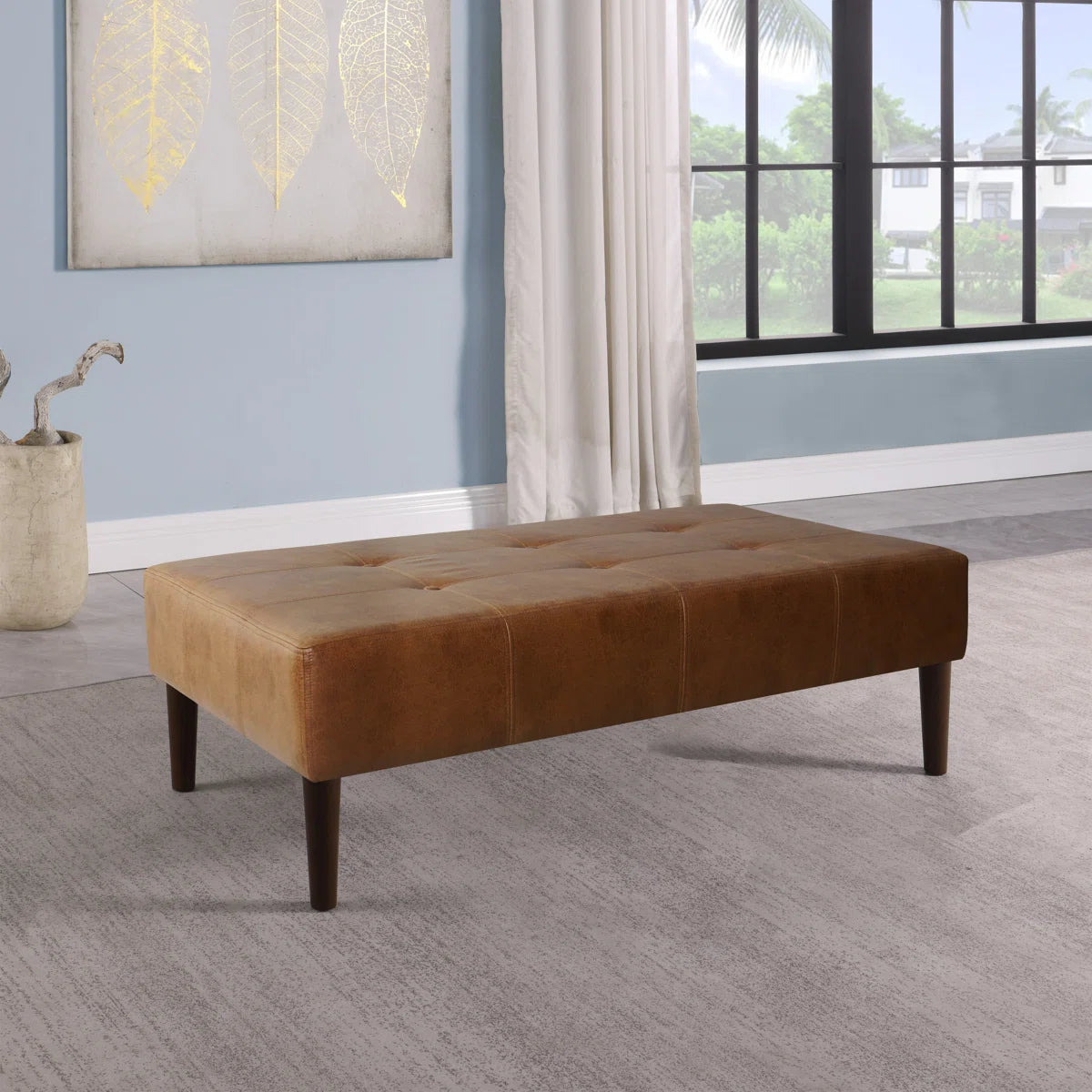 Coffee Table Ottoman Bench - Light Brown Faux Leather