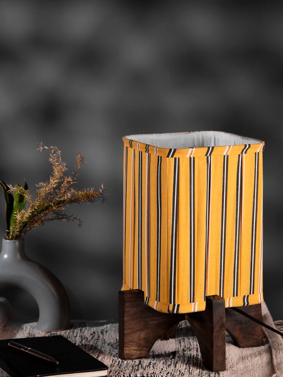 Wooden Brown Base Lamp with pleeted Yellow Candyprint Soft Shade