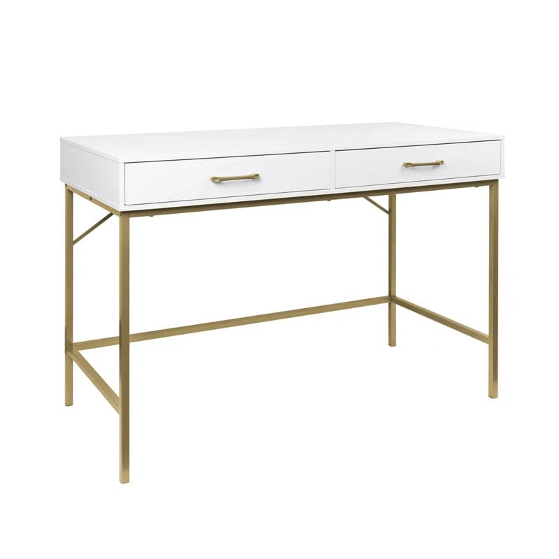 White Vanity Desk with Drawers, Computer Desk with Gold Leg, Makeup Dresssing Table for Bedroom, Home Office, Dressing Room, Study, Living Room, White and Gold