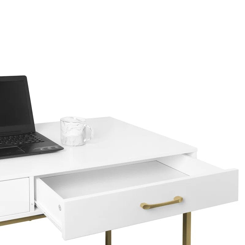 White Vanity Desk with Drawers, Computer Desk with Gold Leg, Makeup Dresssing Table for Bedroom, Home Office, Dressing Room, Study, Living Room, White and Gold