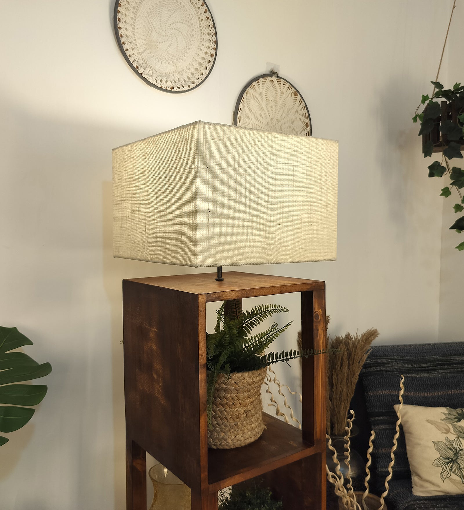 Agnes Wooden Floor Lamp with Brown Base and Jute Fabric Lampshade (BULB NOT INCLUDED)