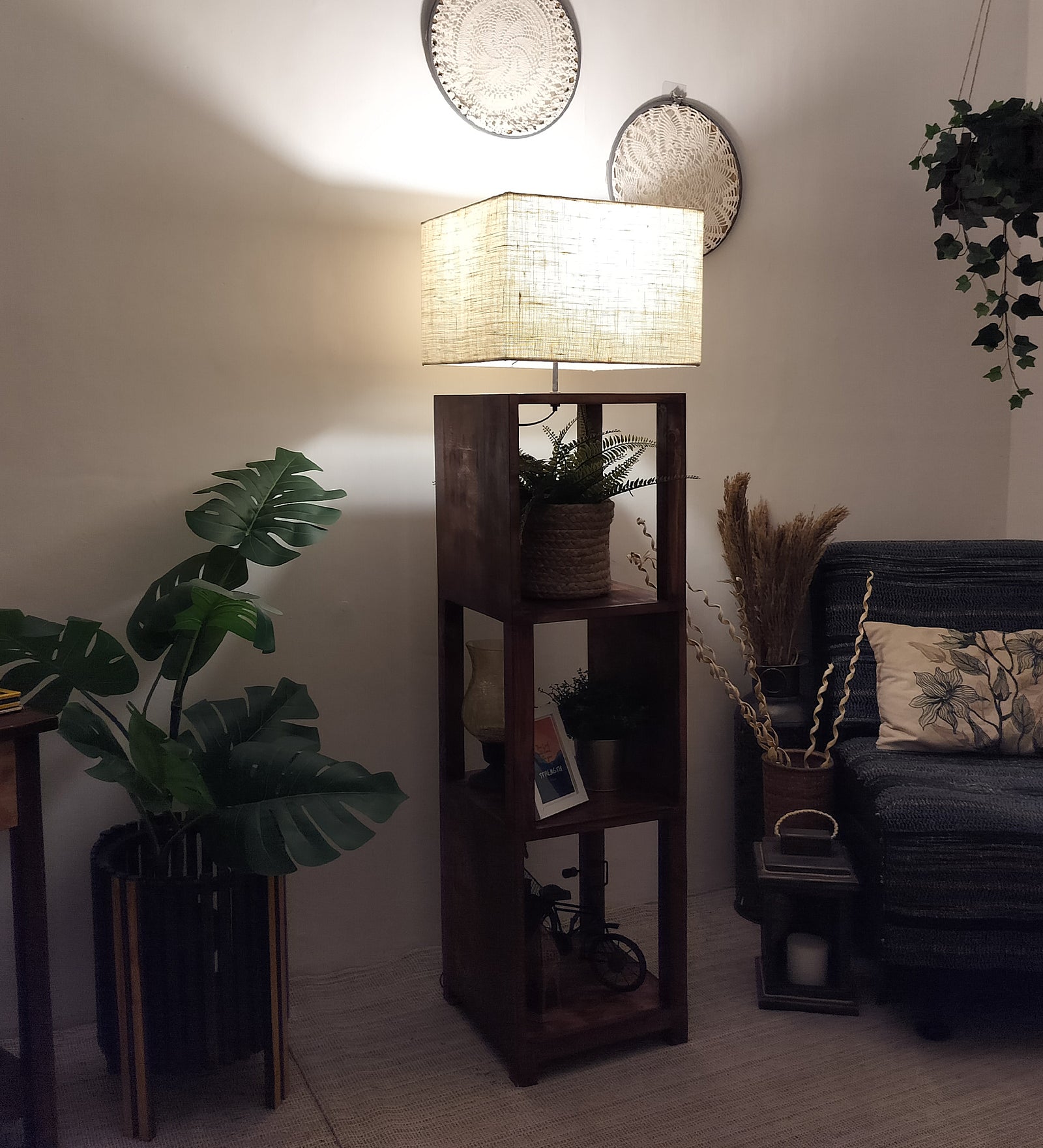 Agnes Wooden Floor Lamp with Brown Base and Jute Fabric Lampshade (BULB NOT INCLUDED)