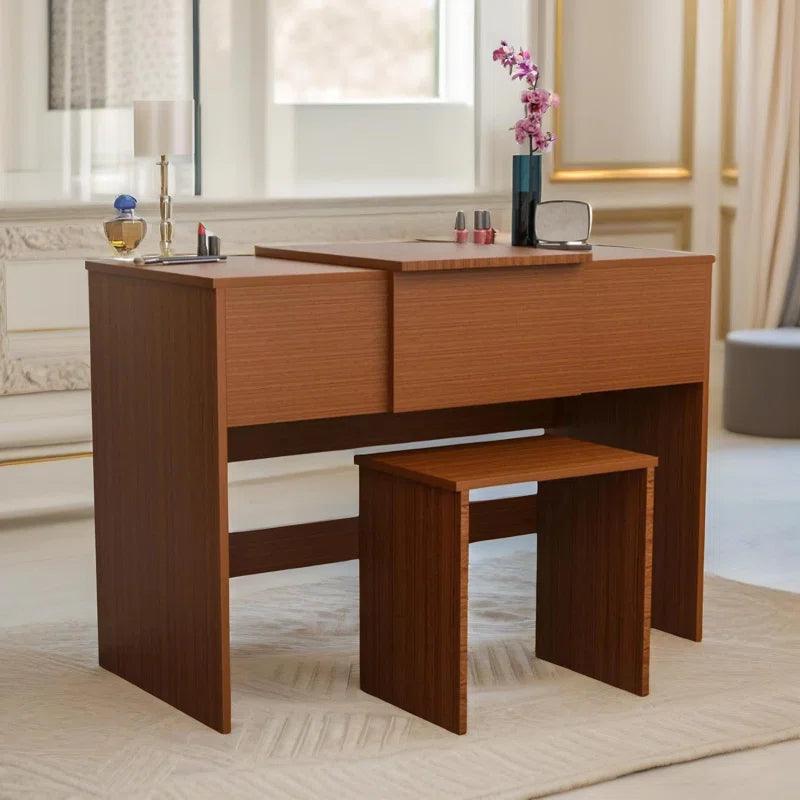 Kaito Walnut Dressing Table with Mirror and Stool Dresser Makeup Desk Bedroom - Ouch Cart 