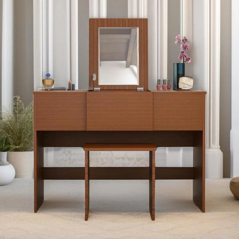 Kaito Walnut Dressing Table with Mirror and Stool Dresser Makeup Desk Bedroom - Ouch Cart 