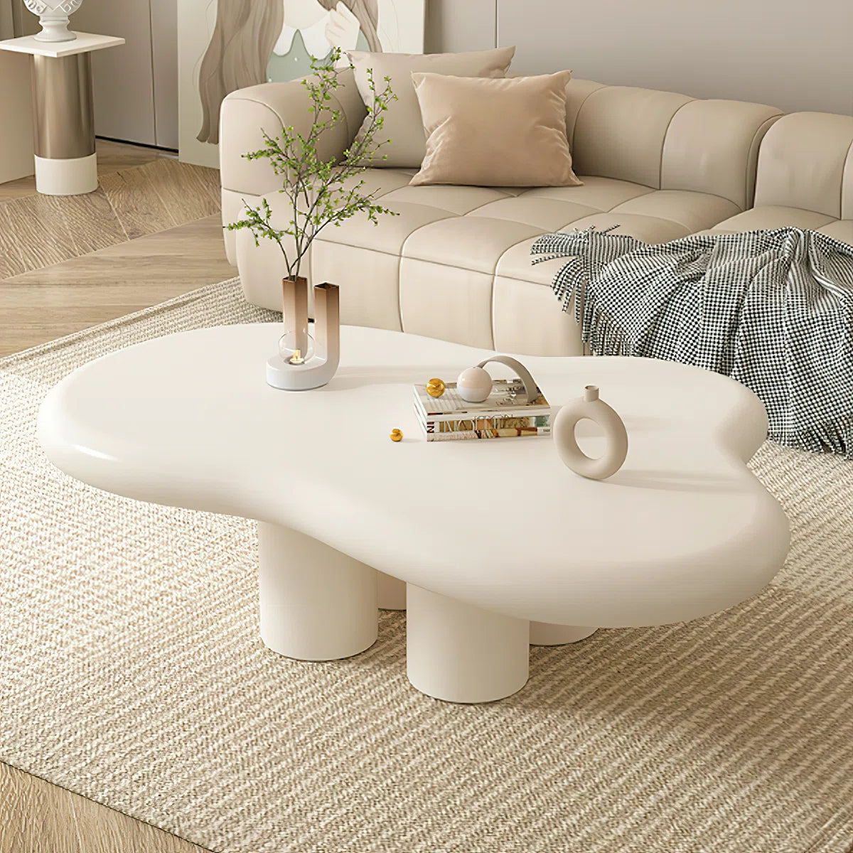 Cream Cloud Coffee Table | Modern Irregular Curved Center Table with Smooth Finish for Living Room