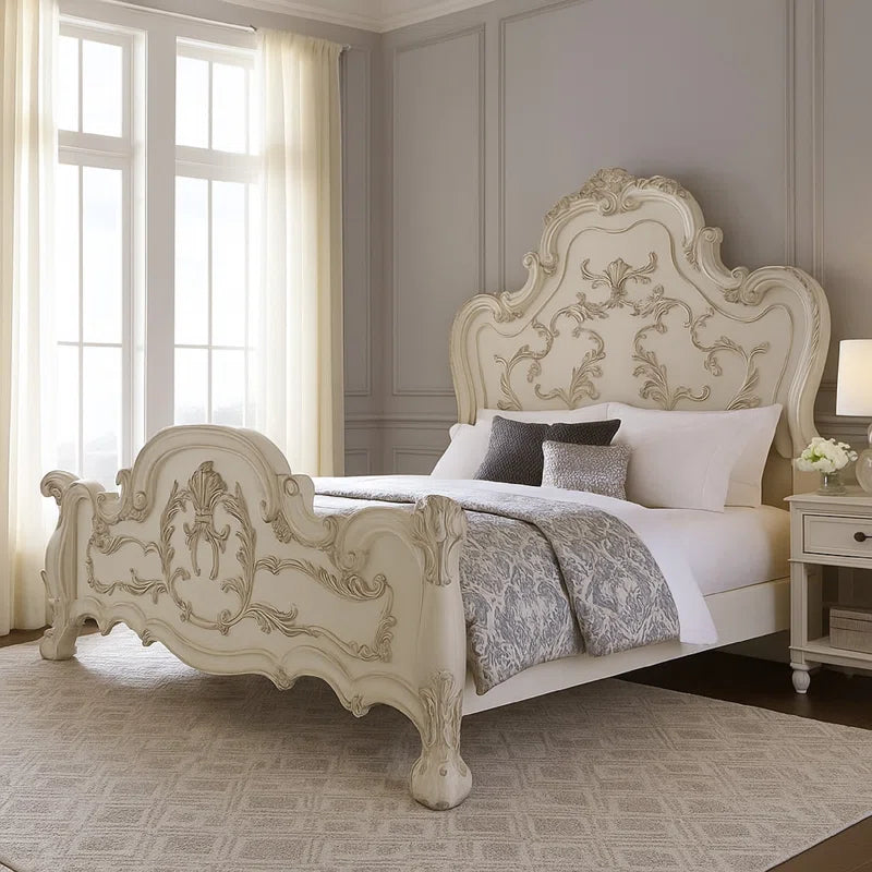 Ally Bed, Decorative Carved Inlay, Bone White Wood- Ouchcart | bed