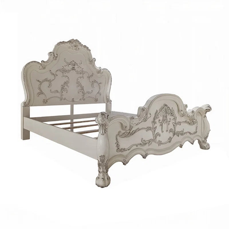 Ally Bed, Decorative Carved Inlay, Bone White Wood