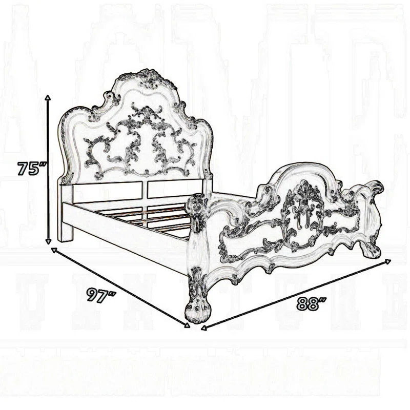 Ally Bed, Decorative Carved Inlay, Bone White Wood
