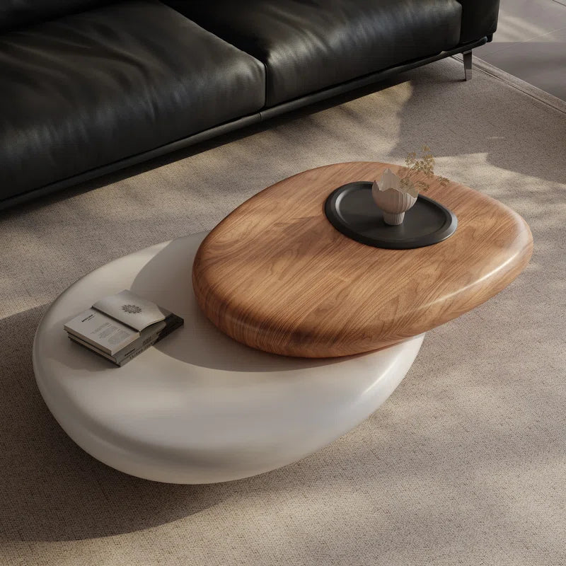 Rotating Dual-Tier Coffee Table – Modern Pebble-Inspired Wooden Top Center Table for Living Room