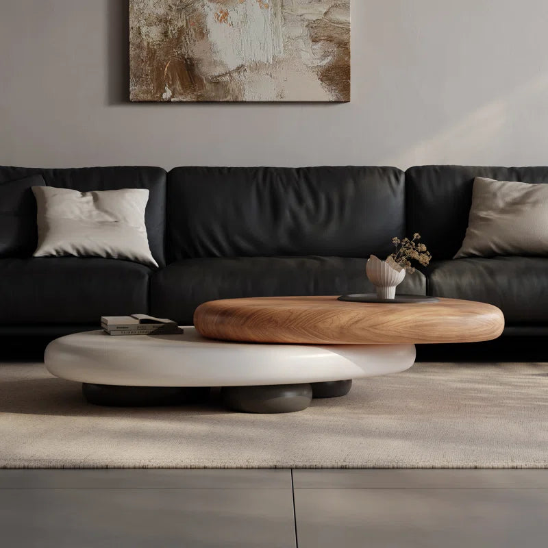 Rotating Dual-Tier Coffee Table – Modern Pebble-Inspired Wooden Top Center Table for Living Room