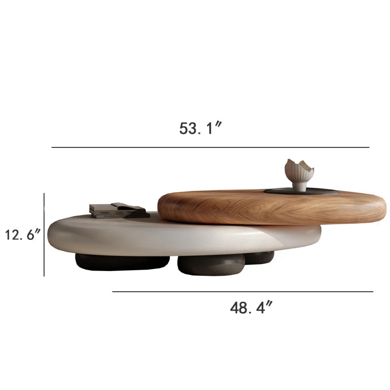 Rotating Dual-Tier Coffee Table – Modern Pebble-Inspired Wooden Top Center Table for Living Room