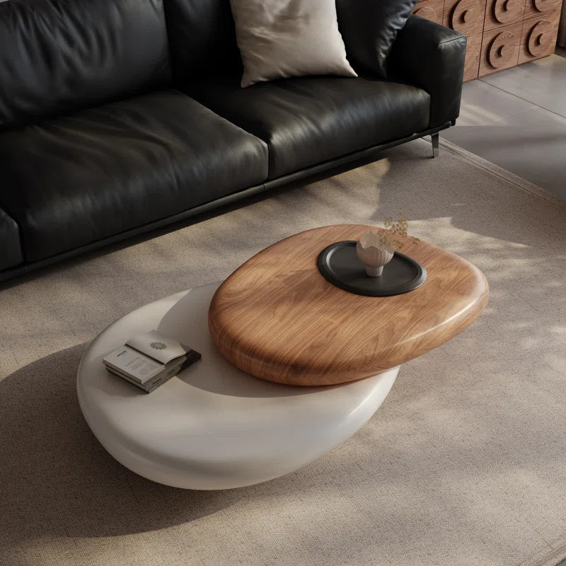 Rotating Dual-Tier Coffee Table – Modern Pebble-Inspired Wooden Top Center Table for Living Room