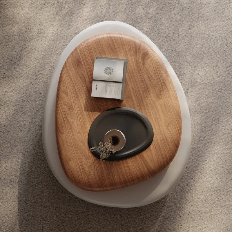 Rotating Dual-Tier Coffee Table – Modern Pebble-Inspired Wooden Top Center Table for Living Room