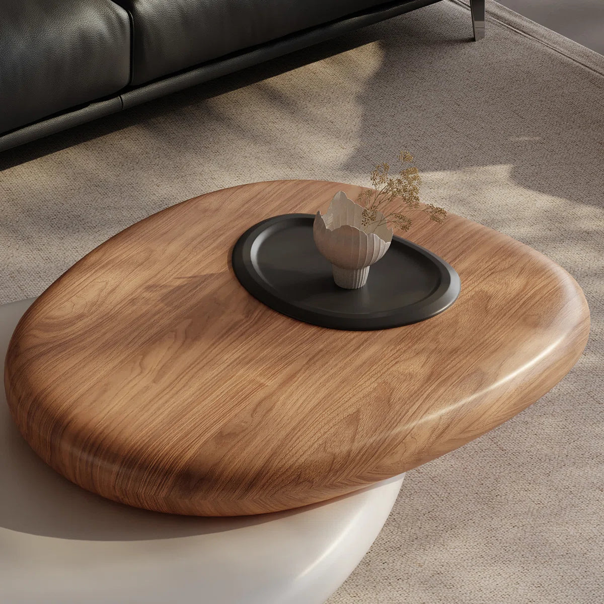 Rotating Dual-Tier Coffee Table – Modern Pebble-Inspired Wooden Top Center Table for Living Room