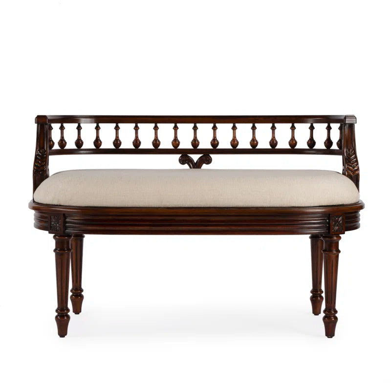 Classic Upholstered Wooden Bench – Antique Style Accent Bench with Carved Back for Living Room or Entryway