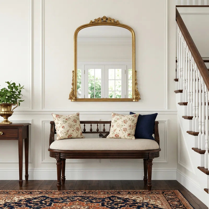 Classic Upholstered Wooden Bench – Antique Style Accent Bench with Carved Back for Living Room or Entryway