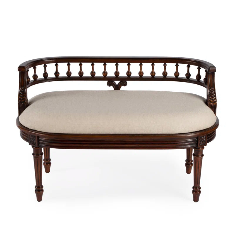 Classic Upholstered Wooden Bench – Antique Style Accent Bench with Carved Back for Living Room or Entryway