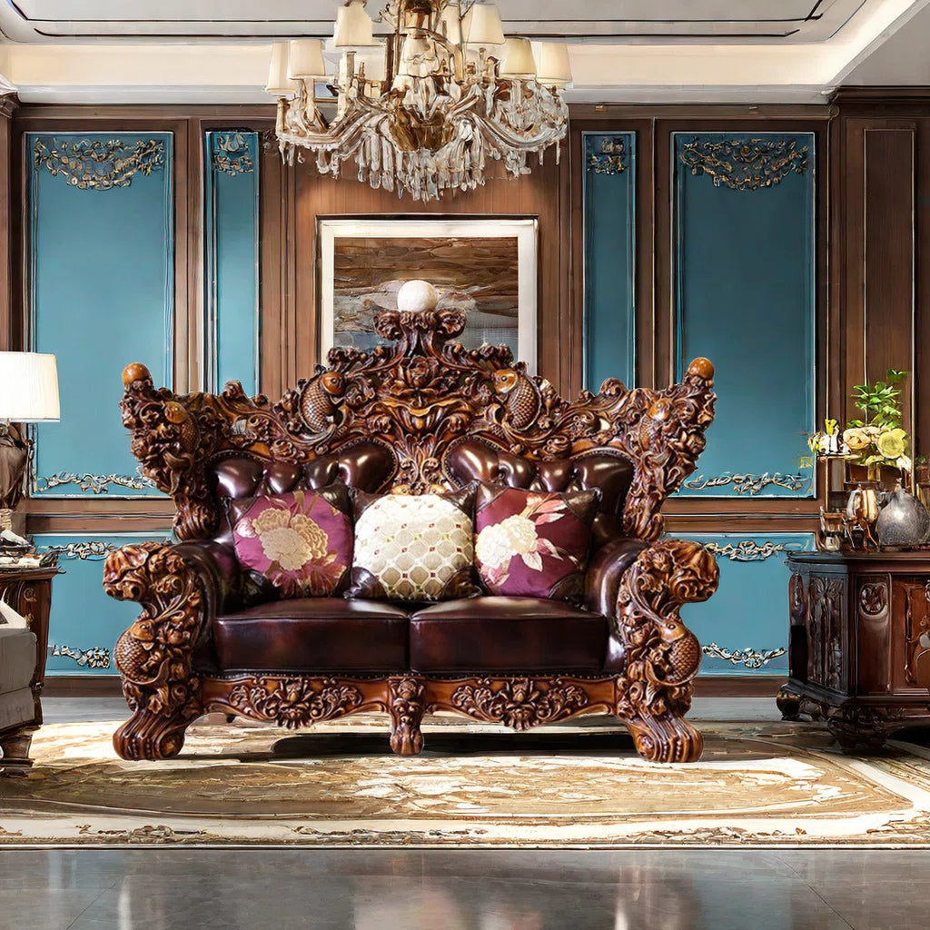 American Solid Wood Carving Retro Sofa 88.58'' Upholstered Loveseat - OUCHCART | Sofa