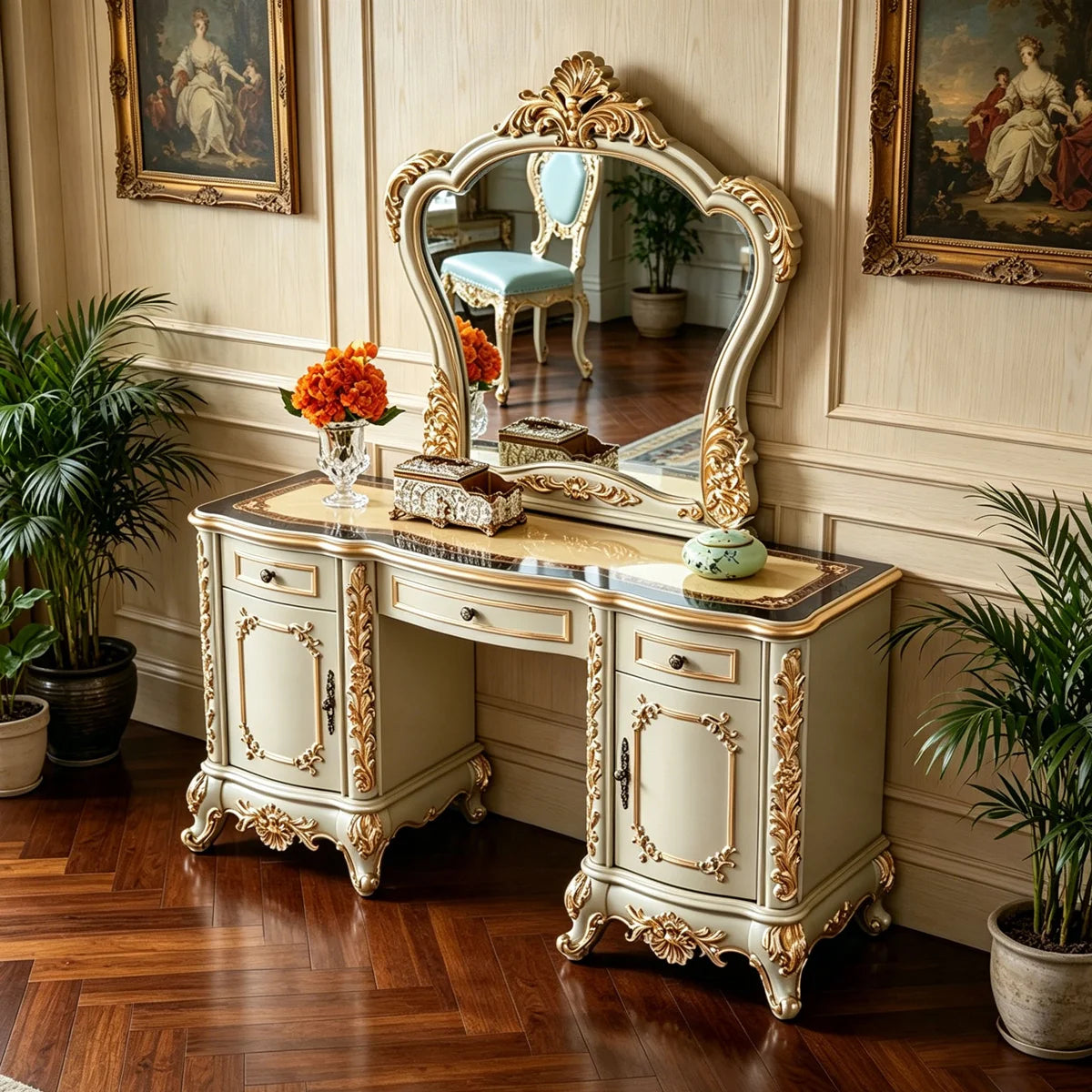 Ouch Cart Luxury Dressing Table with Mirror | Classic Vanity Desk with Drawers & Storage