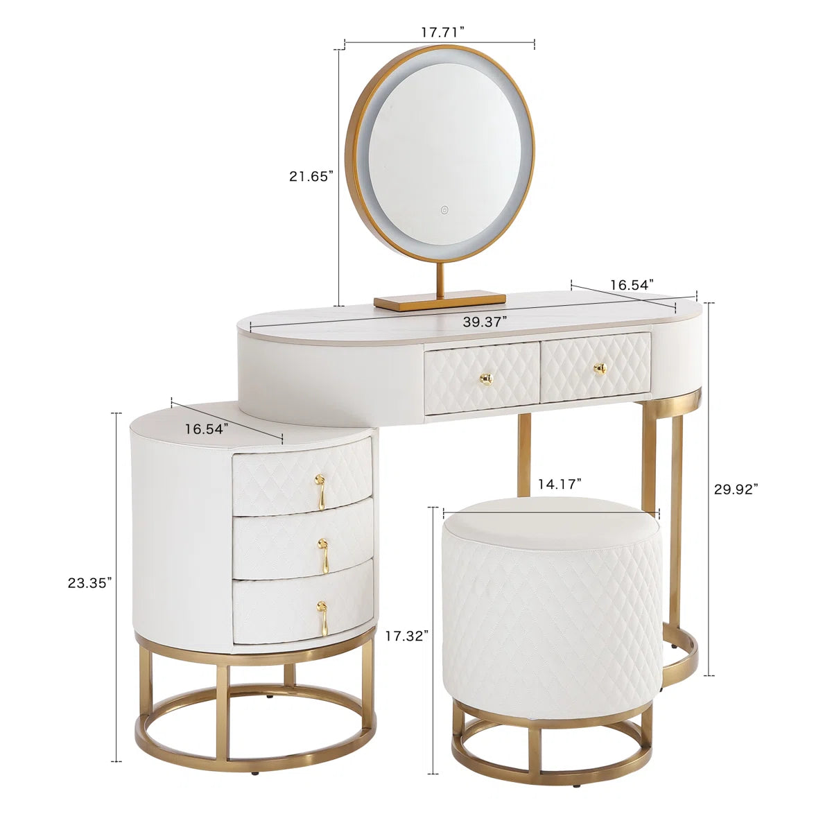 Pine Wood Vanity Set with Lighted Standing Mirror, Marble Top & Storage – Includes Stool