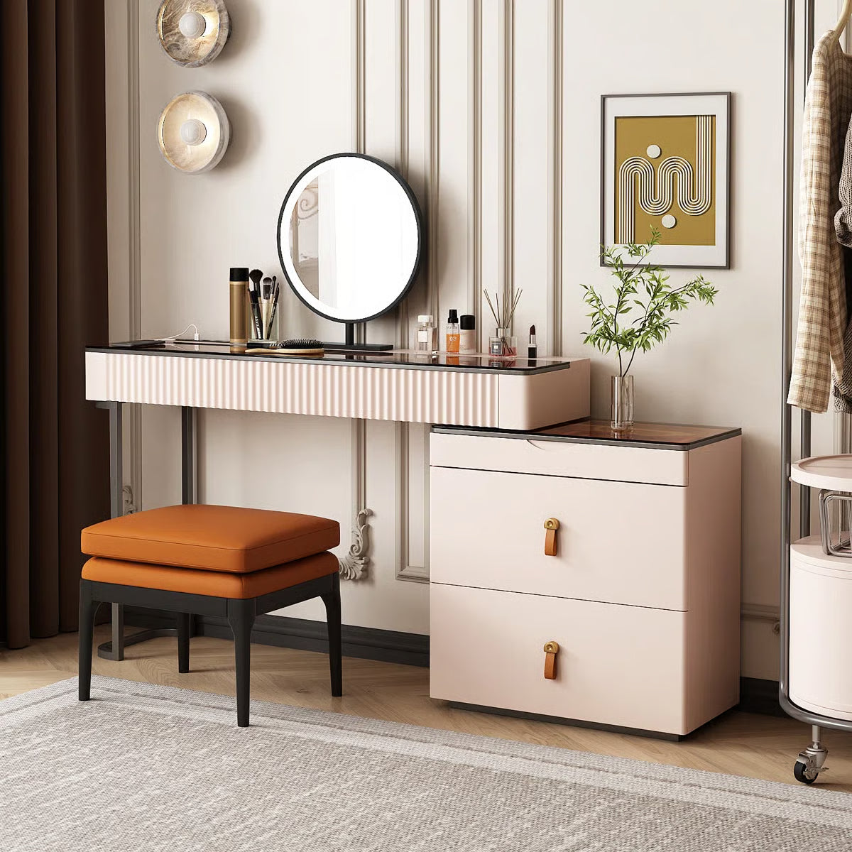 Andraz Modern Corner Makeup Vanity Desk with Glass Top and Integrated Power- OUCH CART | Dressing table 