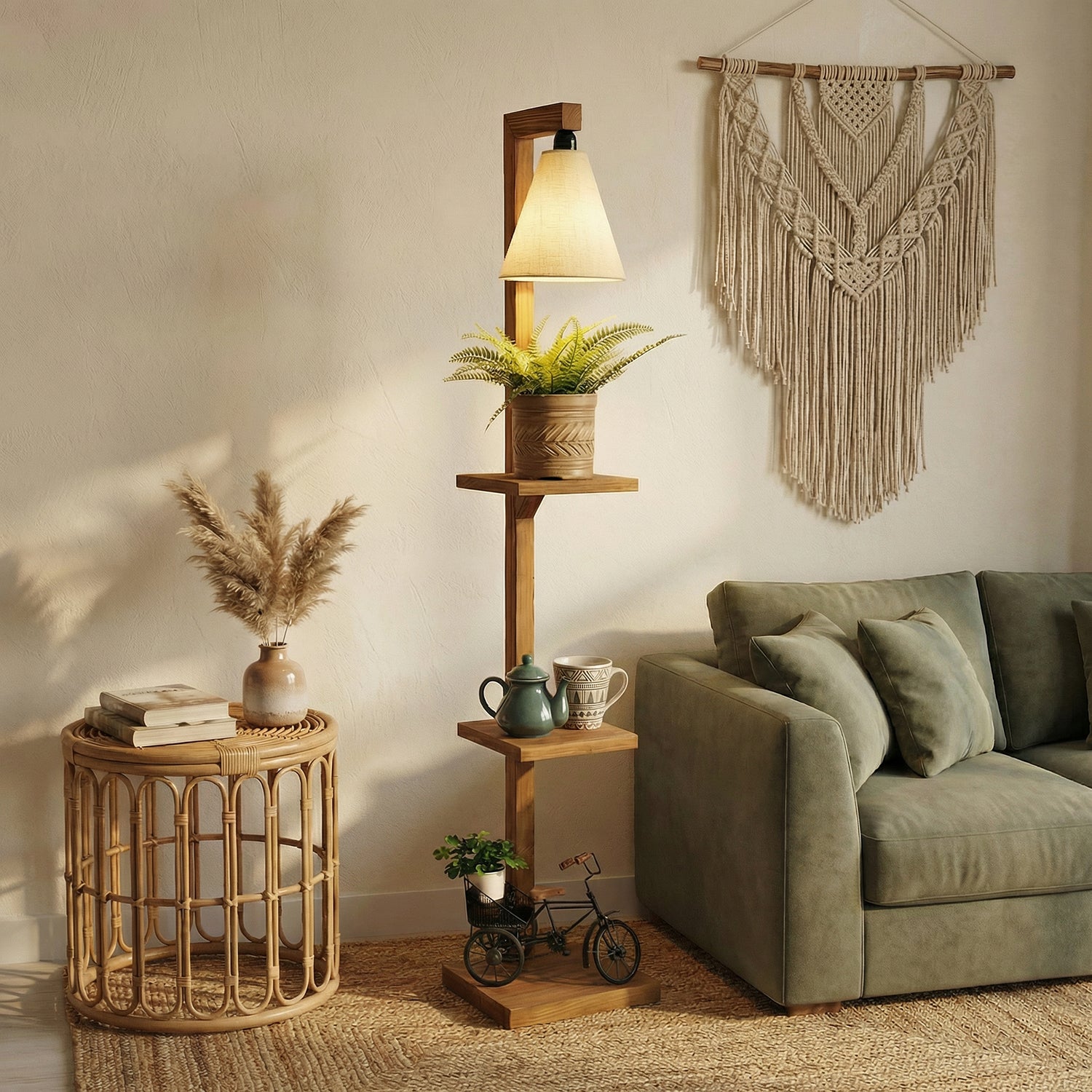 Andre Wooden Floor Lamp with Brown Base and Jute Fabric Lampshade (BULB NOT INCLUDED)