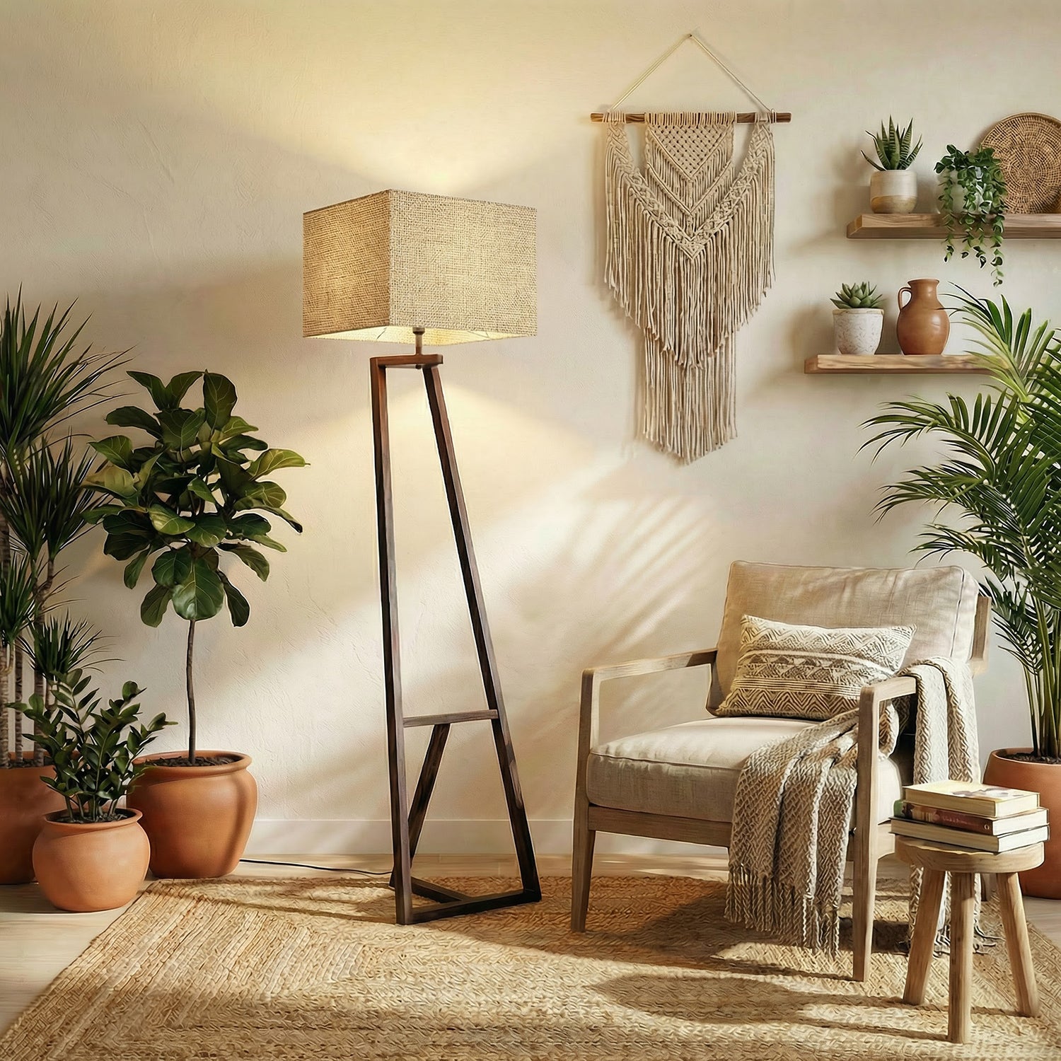 Angular Wooden Floor Lamp with Brown Base and Premium Beige Fabric Lampshade (BULB NOT INCLUDED)