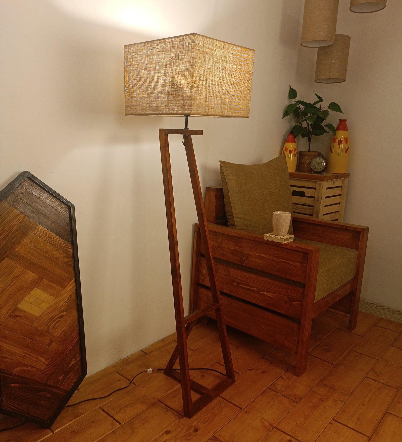Angular Wooden Floor Lamp with Brown Base and Premium Beige Fabric Lampshade (BULB NOT INCLUDED)
